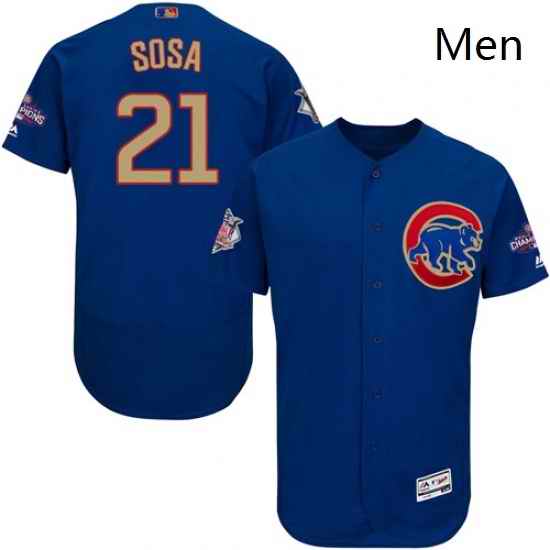 Mens Majestic Chicago Cubs 21 Sammy Sosa Authentic Royal Blue 2017 Gold Champion Flex Base MLB Jersey